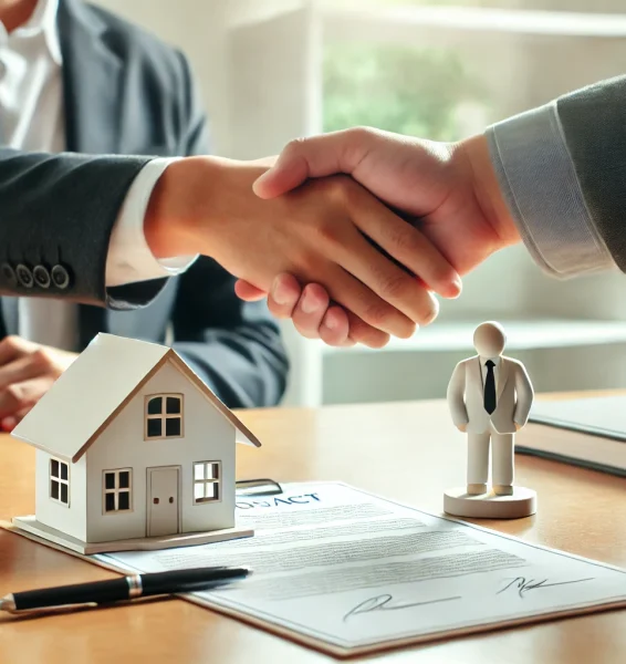 DALL·E 2025-02-12 23.14.02 - A simple and professional real estate investment concept. A handshake between two people over a contract with a small model house on the table, symbol